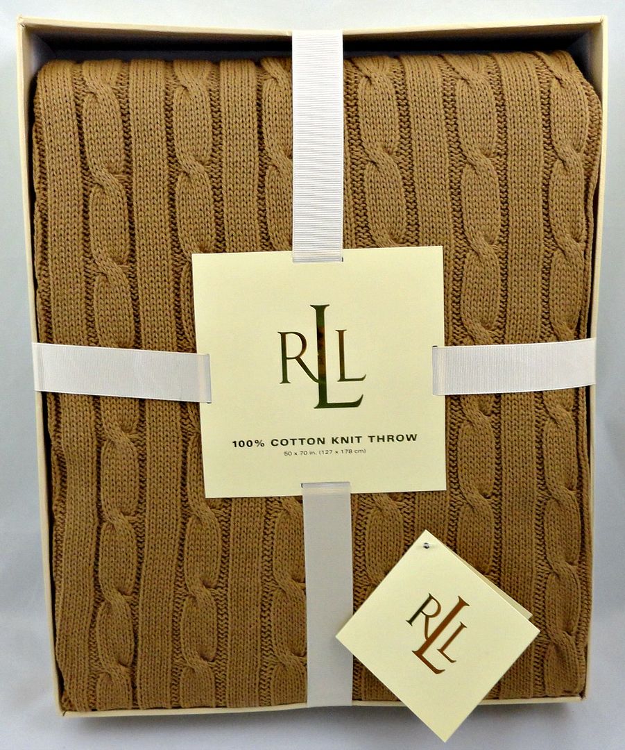 Ralph Lauren Gold Tan Camel Cable Knit Throw Blanket Soft n Cozy 50 X 70 NIB